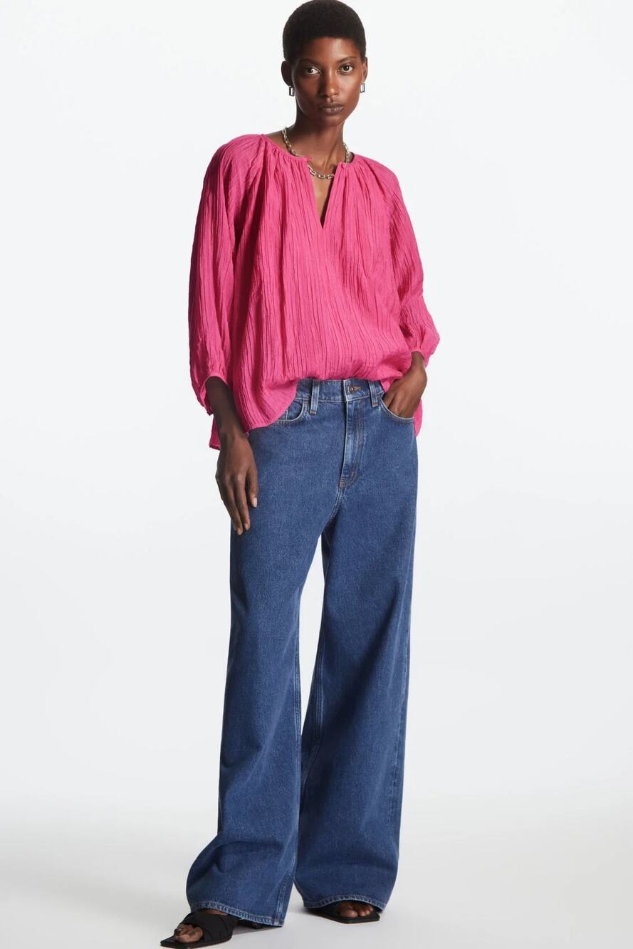 COS Bright Pink Crinkled Textured Gathered Split Neck Blouse